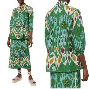 ERDEM Abstract Button Front Linen Top Despina Ikat Tiered Peplum 3/4 Sleeve Sz 6